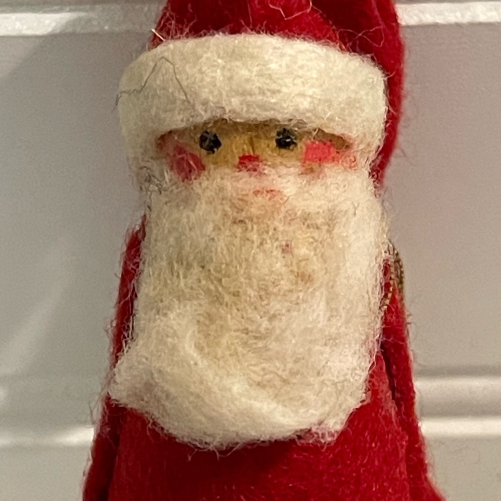 1960's Santa Claus Red Felt Handmade Wood Face Ornament Rare Vintage